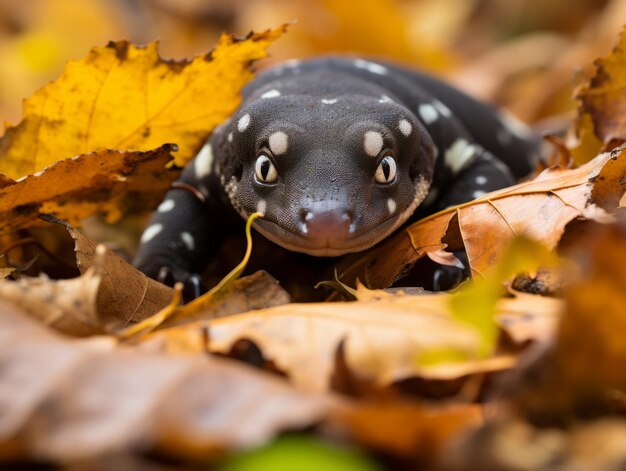 Salamander hiding amidst falling autumn leaves in the forest