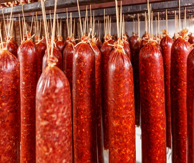 Salami hanging on a rope