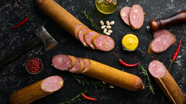 Salami met pistachenoten, hazelnoten en rozemarijn en kruiden op een zwarte achtergrond Bovenaanzicht Rustieke stijl