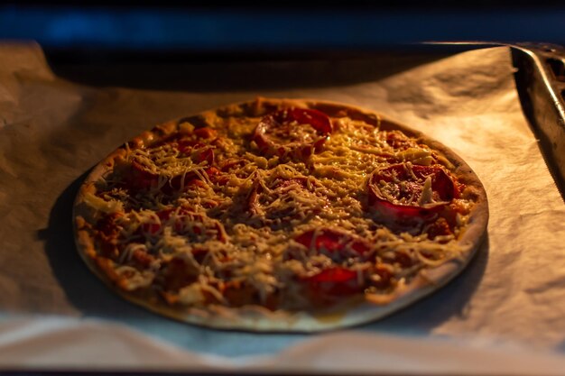 Salami pizza baked in the oven