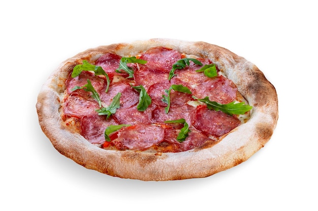 Salami pizza bell pepper rucola kalamata pesto parmesan Neapolitan round pizza on white background