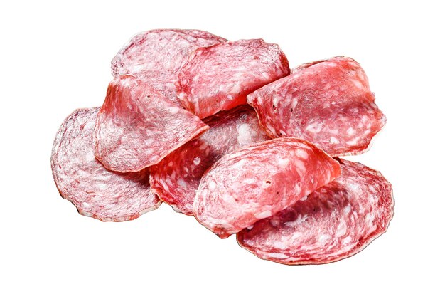 Photo salami sausage slices isolated on white background top view