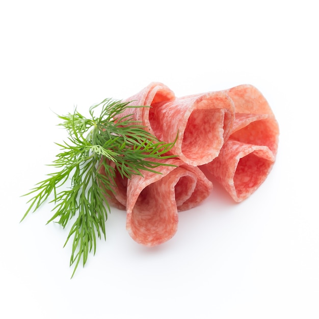 Salami sausage slices isolated on white cutout