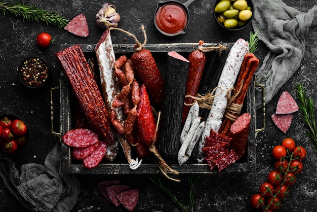 Salami, sausages, spices and meat products in a wooden box. Top view. Free space for your text.