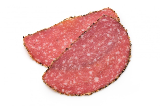 Salami slices isolated on the white background