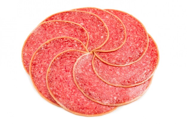 Salami slices isolated on white background