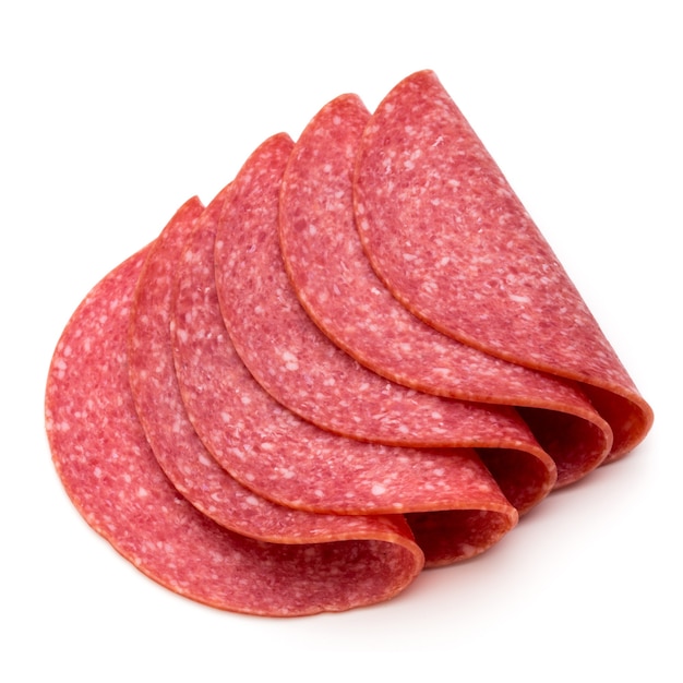 Salami slices isolated on the white surface.