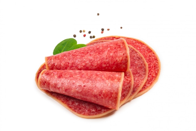 Salami slices isolated on white 