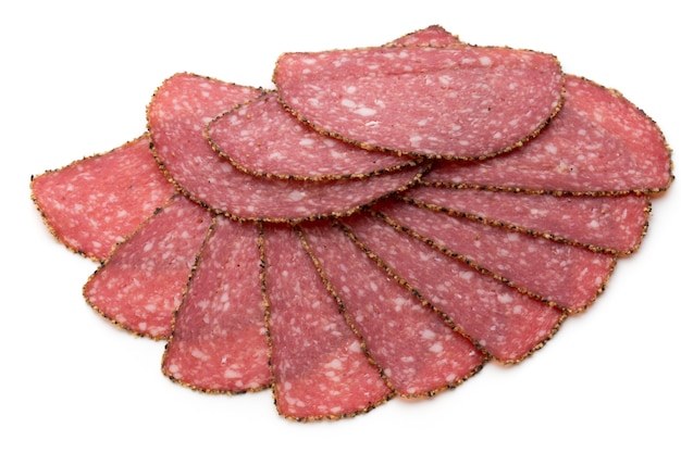 Salami slices isolated.