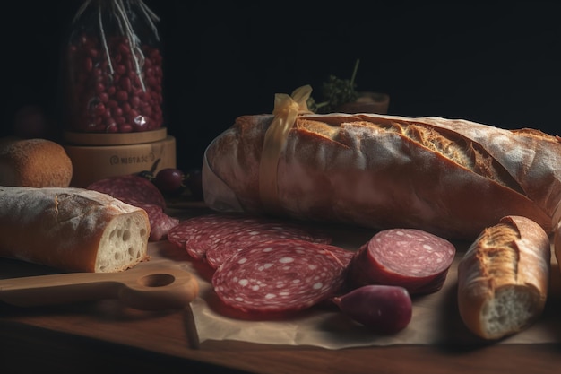 salami slices on a wooden table country style ai generative