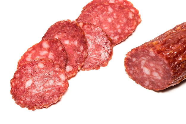 Salami smoked sausage isolated on white background cutout.