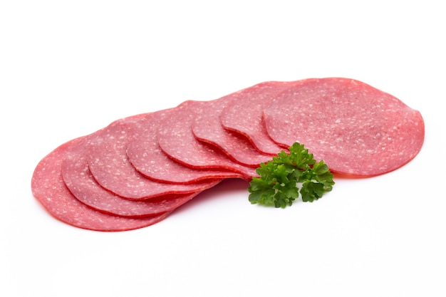 Salami smoked sausage one slice isolated on white background cutout.