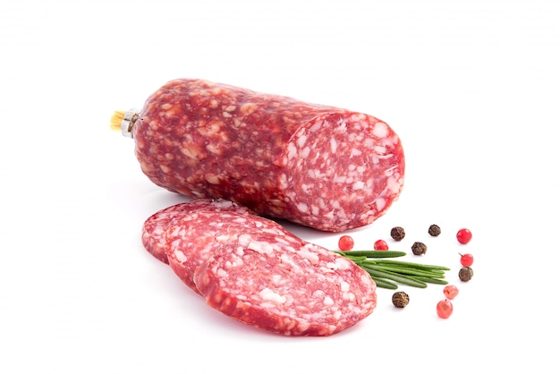 Salami smoked sausage, rosemary branch and pepper, isolated on white cutout