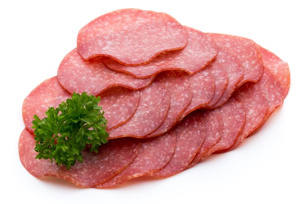 Salami smoked sausage slices isolated cutout.