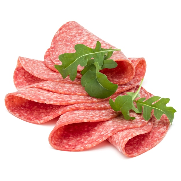 Salami smoked sausage slices isolated on white background