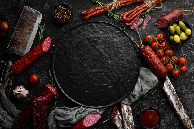 Salami and snacks Sausage Fouet sausages salami paperoni on a black stone background Top view Free space for your text