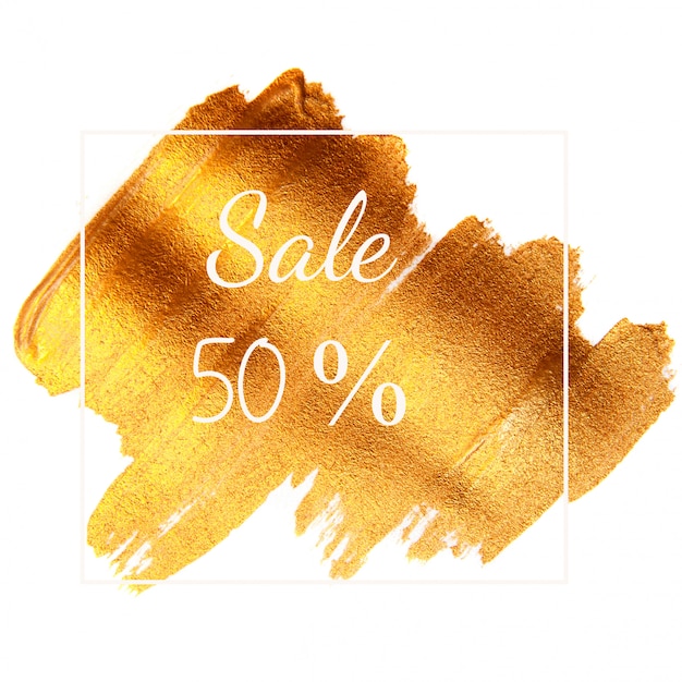 Sale 50% - text on golden green surface isolated on white and frame.