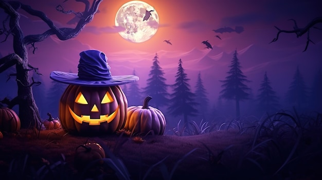 продажа фона Хэллоуин тыква в шляпе большая луна фиолетовая