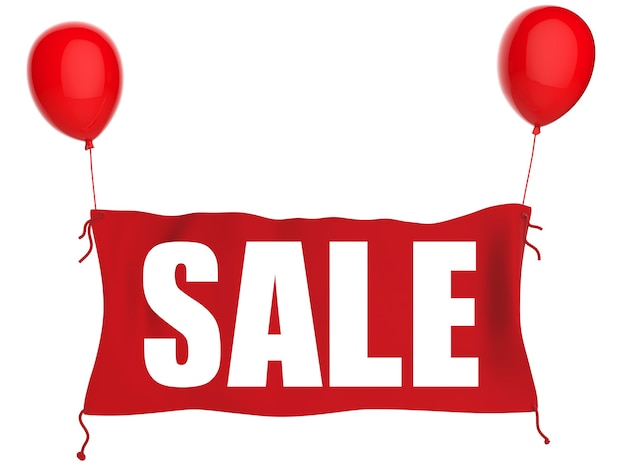 Sale banner on red cloth with red balloons