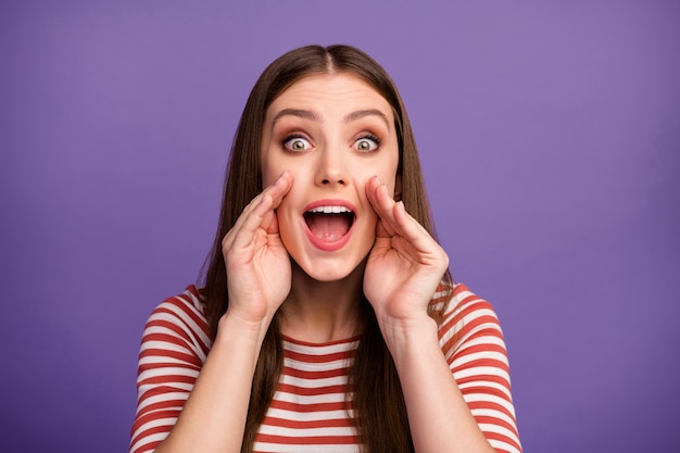 Photo sale! closeup photo of pretty funny lady hands near mouth say tell news gossips people crowd yelling information loudly wear casual striped shirt isolated pastel purple color wall