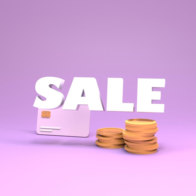 Sale concept with coins and bank card. 3d render illustration.