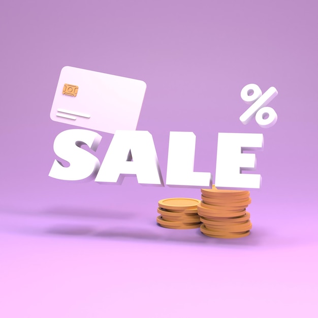 Sale concept with coins and bank card. 3d render illustration.