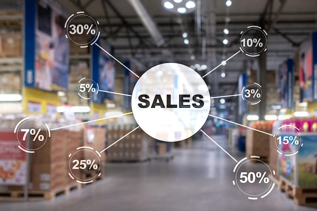 Sale discount concept Inscription Sales on blurred shop background