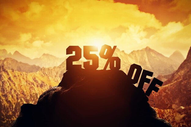 Sale discount illustration 25 off writing on a mountain peak special offer