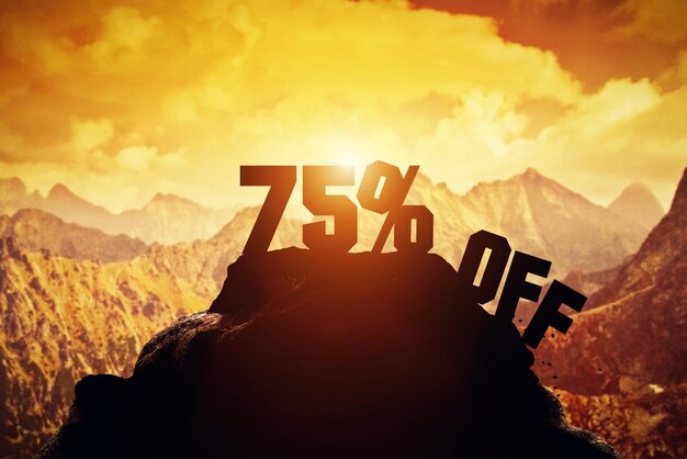 Sale discount illustration 75 off writing on a mountain peak special offer