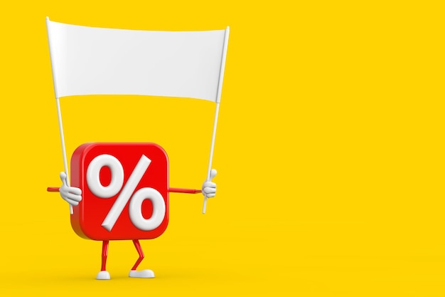 Sale or Discount Percent Sign Person Character Mascot and Empty White Blank Banner with Free Space for Your Design on a yellow background 3d Rendering