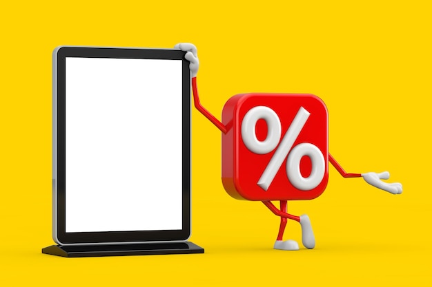 Продажа или скидка Процентный знак Талисман персонажа с пустой торговой выставкой ЖК-экран Стенд в качестве шаблона для вашего дизайна на желтом фоне 3d-рендеринг