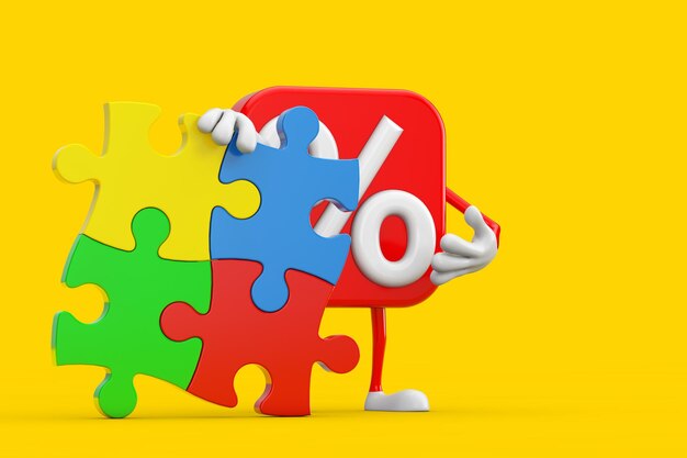 Sale or Discount Percent Sign Person Character Mascot with Four Pieces of Colorful Jigsaw Puzzle on a yellow background 3d Rendering