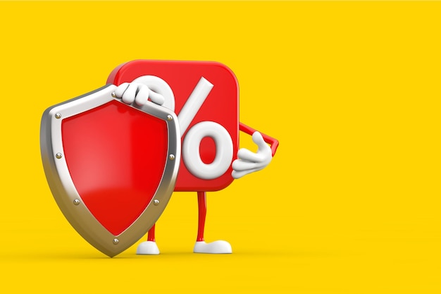 Sale or Discount Percent Sign Person Character Mascot with Red Metal Protection Shield on a yellow background 3d Rendering