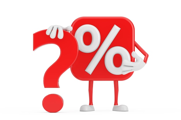 Foto segno di percentuale di vendita o sconto persona personaggio mascotte con segno di punto interrogativo rosso su sfondo bianco rendering 3d