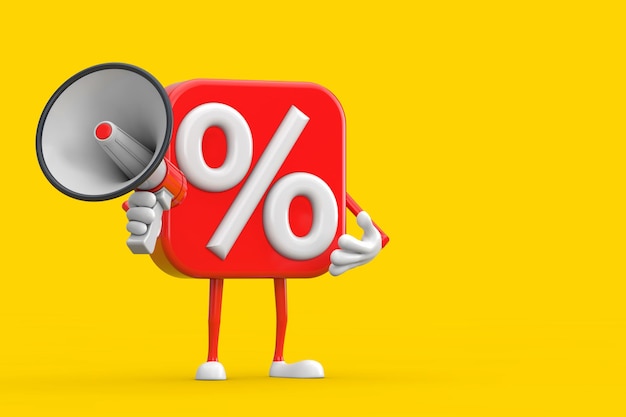 Sale or discount percent sign person character mascot with red retro megaphone on a yellow background 3d rendering