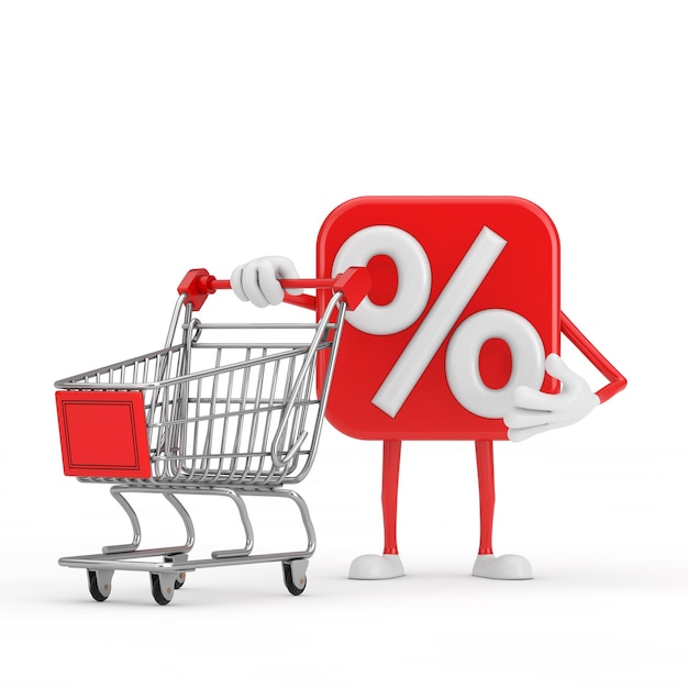 Sale or Discount Percent Sign Person Character Mascot with Shopping Cart Trolley on a white background 3d Rendering