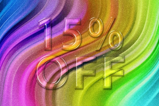 Photo sale and discount price off tag, label or badge, 15 percent sale, rainbow glitter background