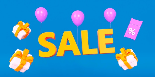 Sale lettering yellow colors with white gift boxes and pink balloons on blue background 3d render