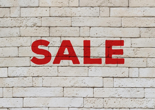 Photo sale marketing banner red letters advertisement on a white brick wall front view, banner ad