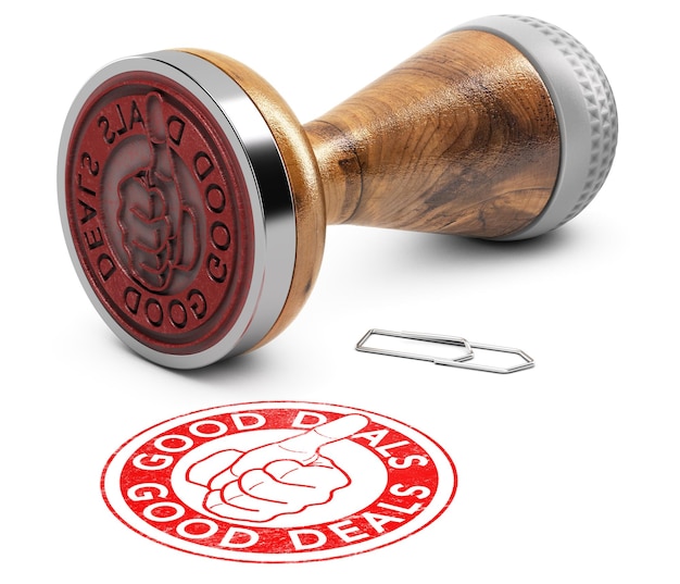 sale offer concept. rubber stamp with the text good deals and a hand with thumb up over white background. 3d illustration