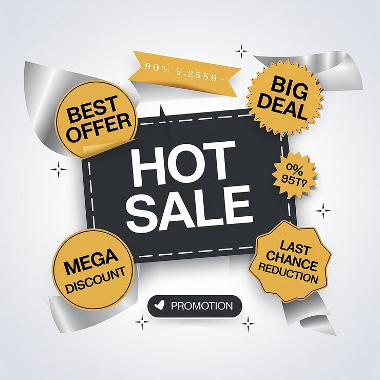 Photo sale popup banner set with yellow stickers featuring hot sale best offer big deal and mega discount badges