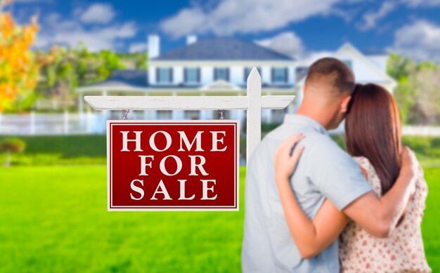 For Sale Real Estate Sign Military Couple Looking at House