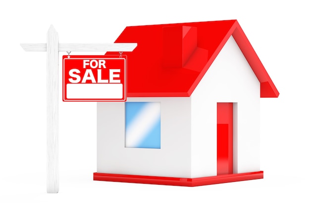 白い背景の上のシンプルな家と販売のための不動産の看板。 3Dレンダリング
