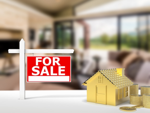 For sale sign house with golden mock up house