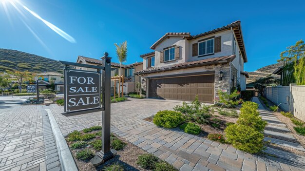 For sale sign real estate sign in front of a new house