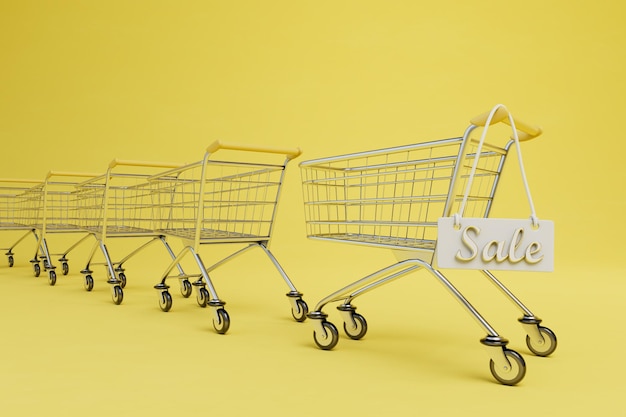 Sale in the supermarket trolleys for products and a sign with the inscription sale