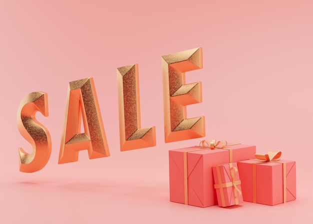 sale text with presents. golden letters and gifts on pink background. special offer, good price, deal, shopping. black friday. 3d rendering. realistic 3d objects design.