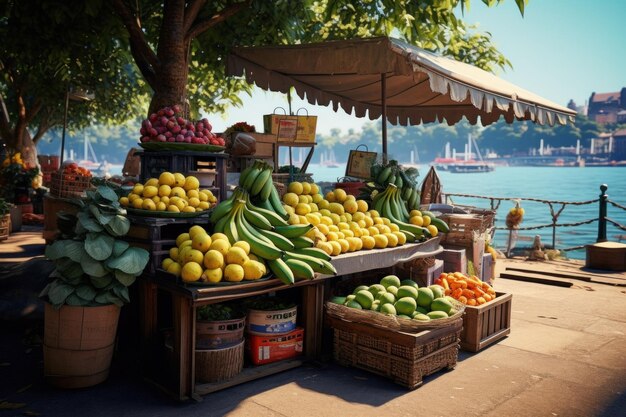 Sale of vegetables and fruits in the store Showcase on the promenade near the sea