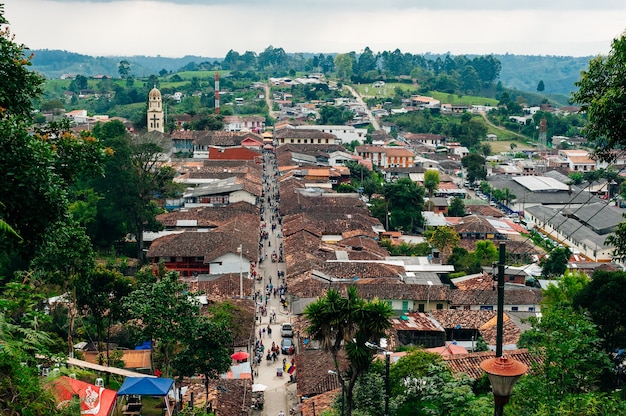 SALENTO, COLOMBIA - APRIL 2019 view of streets in Salento, in the Coffee Region in Quindio, Colombia.