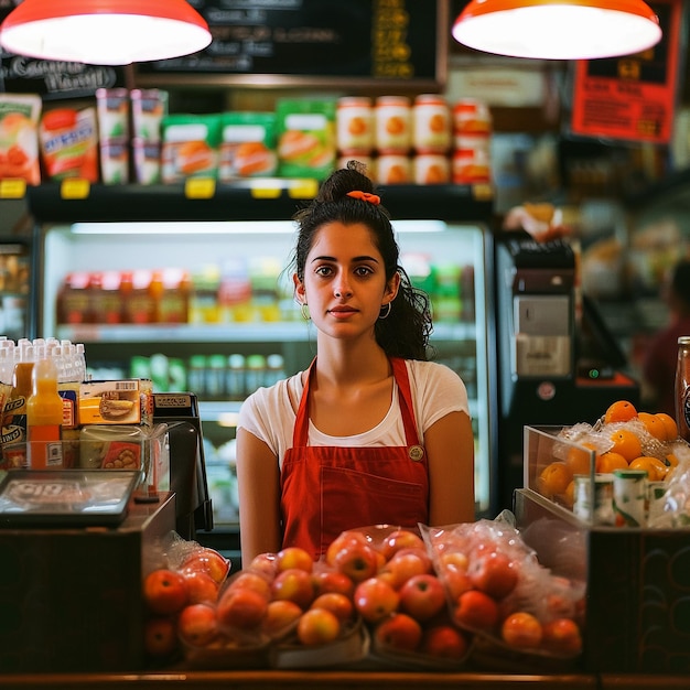 Sales assistant in supermarket demonstrating dairy products food